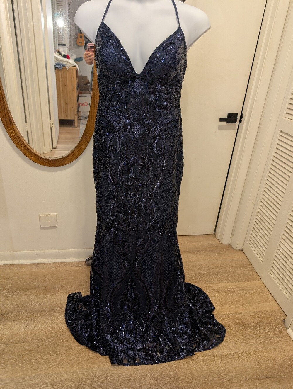 Navy Sequin Halter Evening Gown